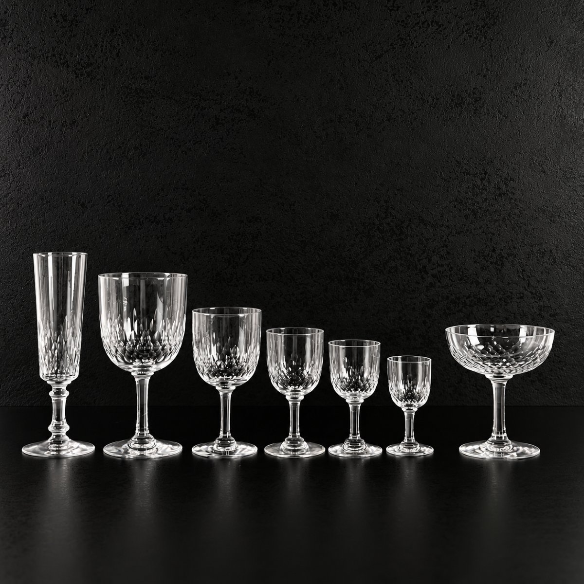 Baccarat, France, Set Of 60 Cut Crystal Glasses, Richelieu Model, Before 1936