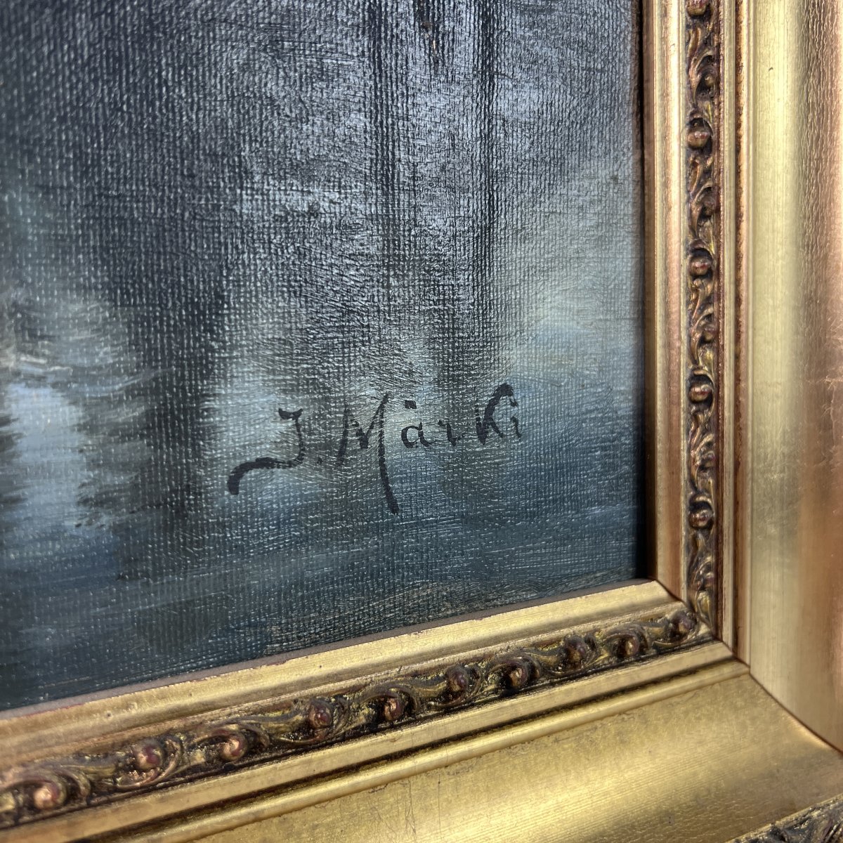 Tableau, Huile sur toile signée J. Märki, paysage de lac suisse aux peupliers, ciel d'orage-photo-2