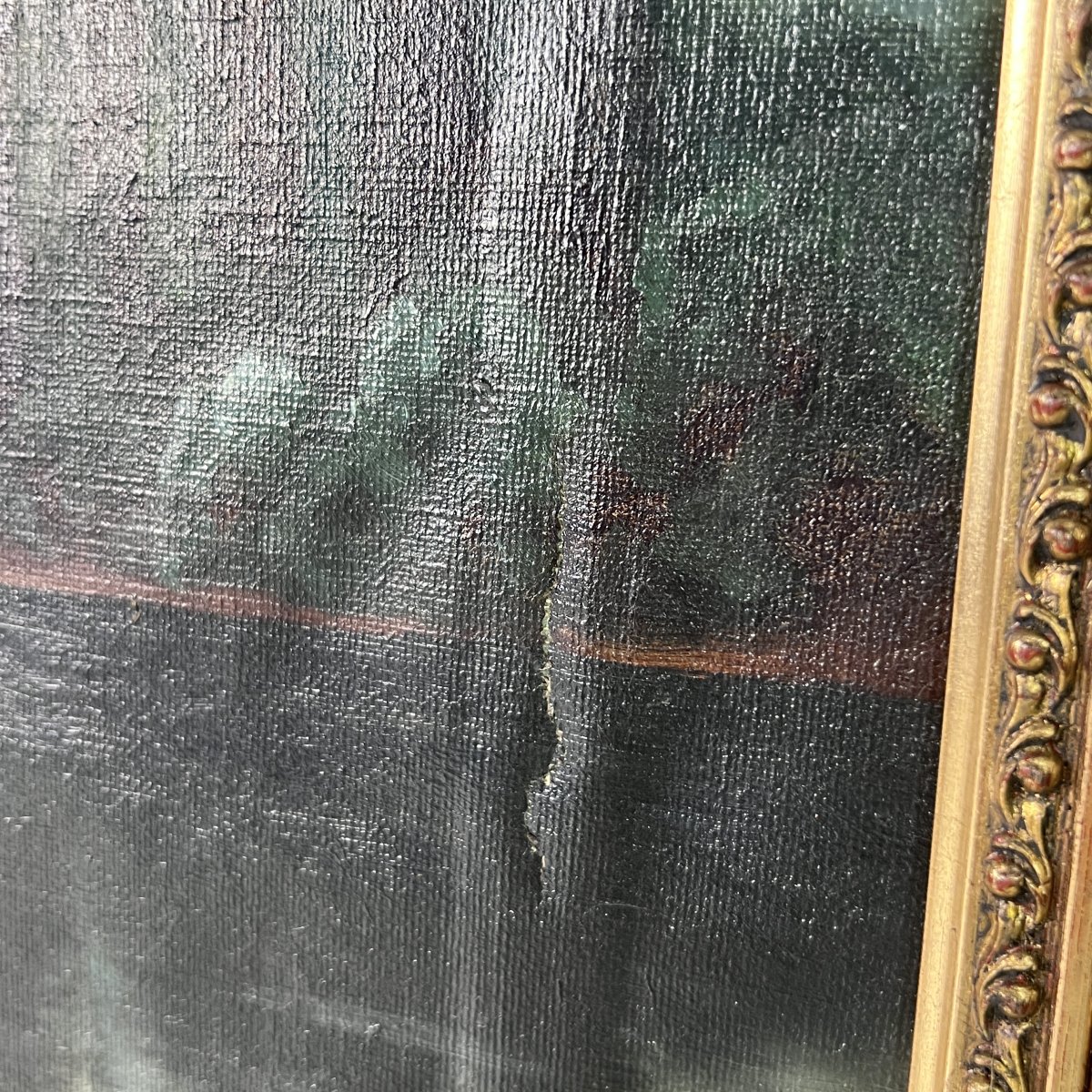 Tableau, Huile sur toile signée J. Märki, paysage de lac suisse aux peupliers, ciel d'orage-photo-4