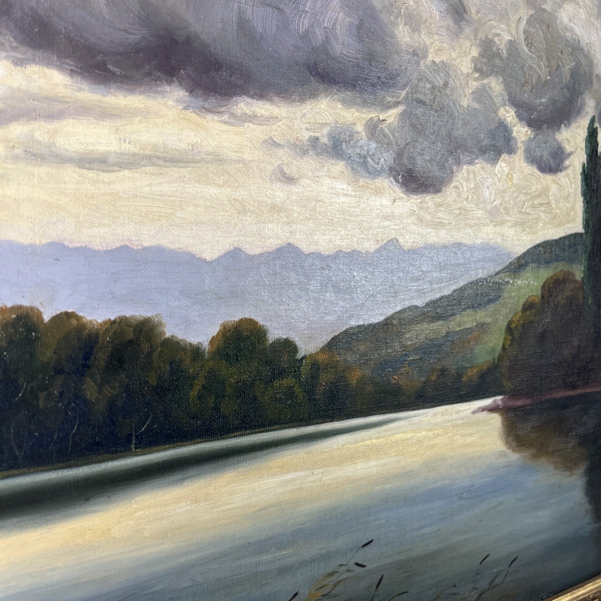 Tableau, Huile sur toile signée J. Märki, paysage de lac suisse aux peupliers, ciel d'orage-photo-4