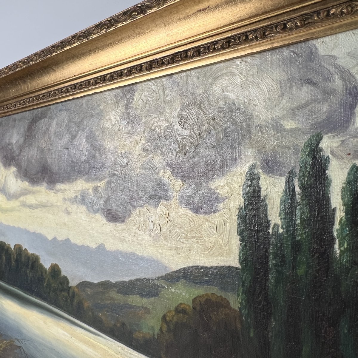 Tableau, Huile sur toile signée J. Märki, paysage de lac suisse aux peupliers, ciel d'orage-photo-7