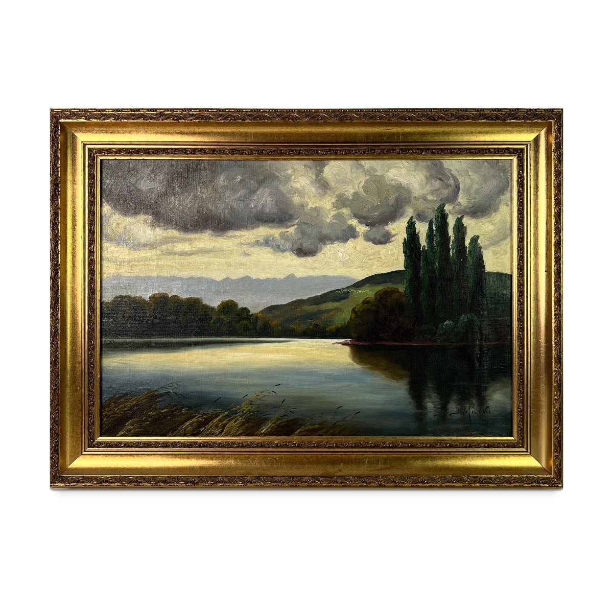 Tableau, Huile sur toile signée J. Märki, paysage de lac suisse aux peupliers, ciel d'orage