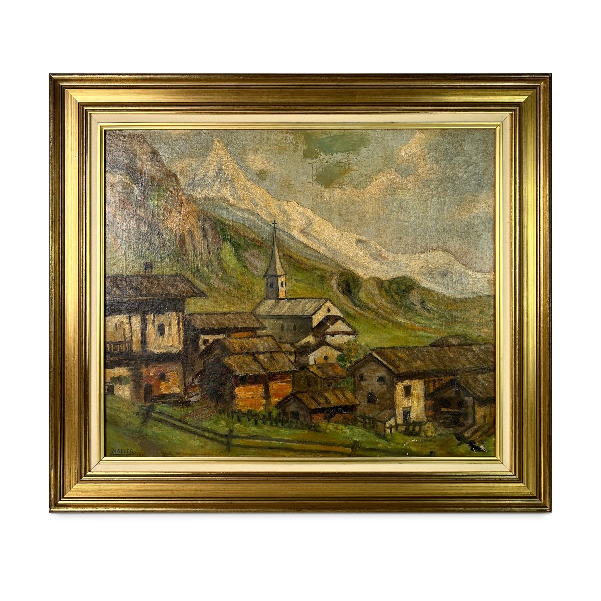Tableau, Huile sur toile, Mahler 1945, village de montagne, Cervin, Valais, Zermatt