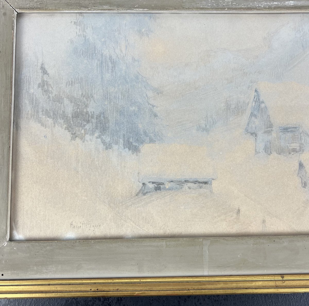 André Artigue (1879-1956), chalets sous la neige en Chartreuse, technique mixte sur papier-photo-2