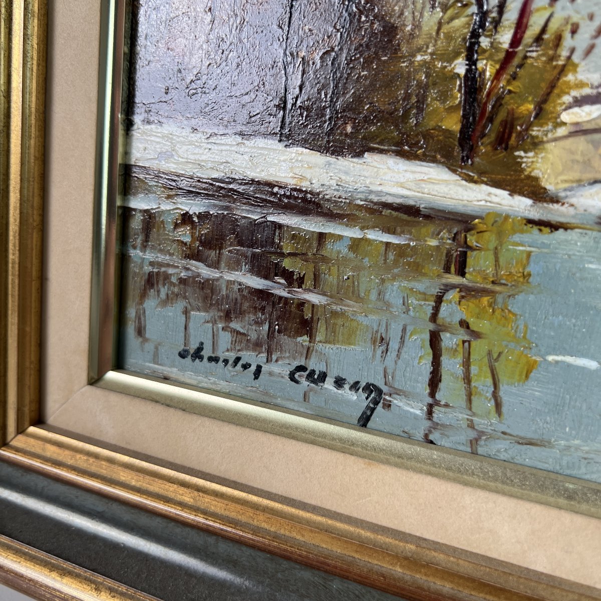 Charles Cuzin, Winter Landscape With A Bridge, Signed Oil On Hardboard, France-photo-2