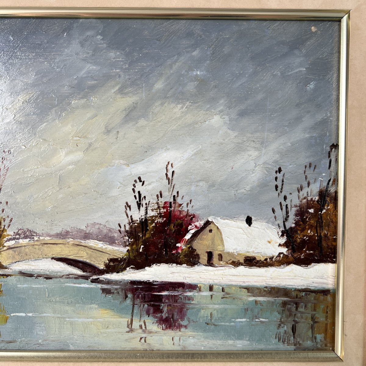 Charles Cuzin, Winter Landscape With A Bridge, Signed Oil On Hardboard, France-photo-3