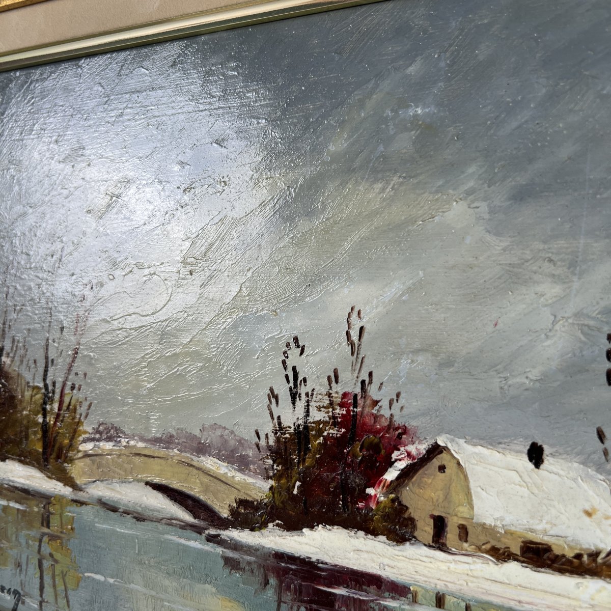 Charles Cuzin, Winter Landscape With A Bridge, Signed Oil On Hardboard, France-photo-4