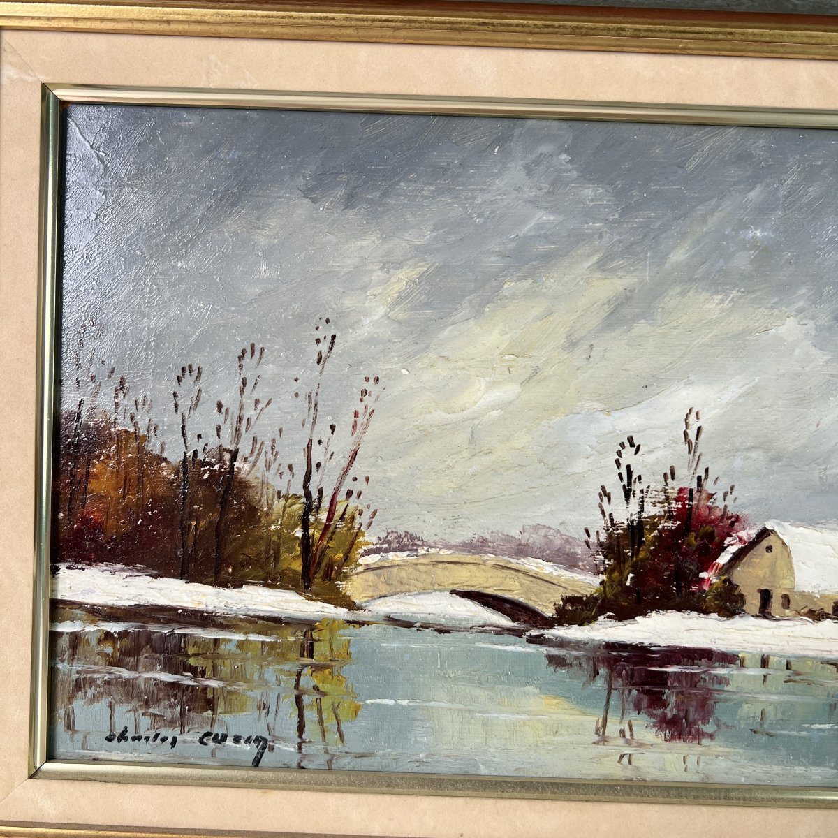 Charles Cuzin, Winter Landscape With A Bridge, Signed Oil On Hardboard, France-photo-1