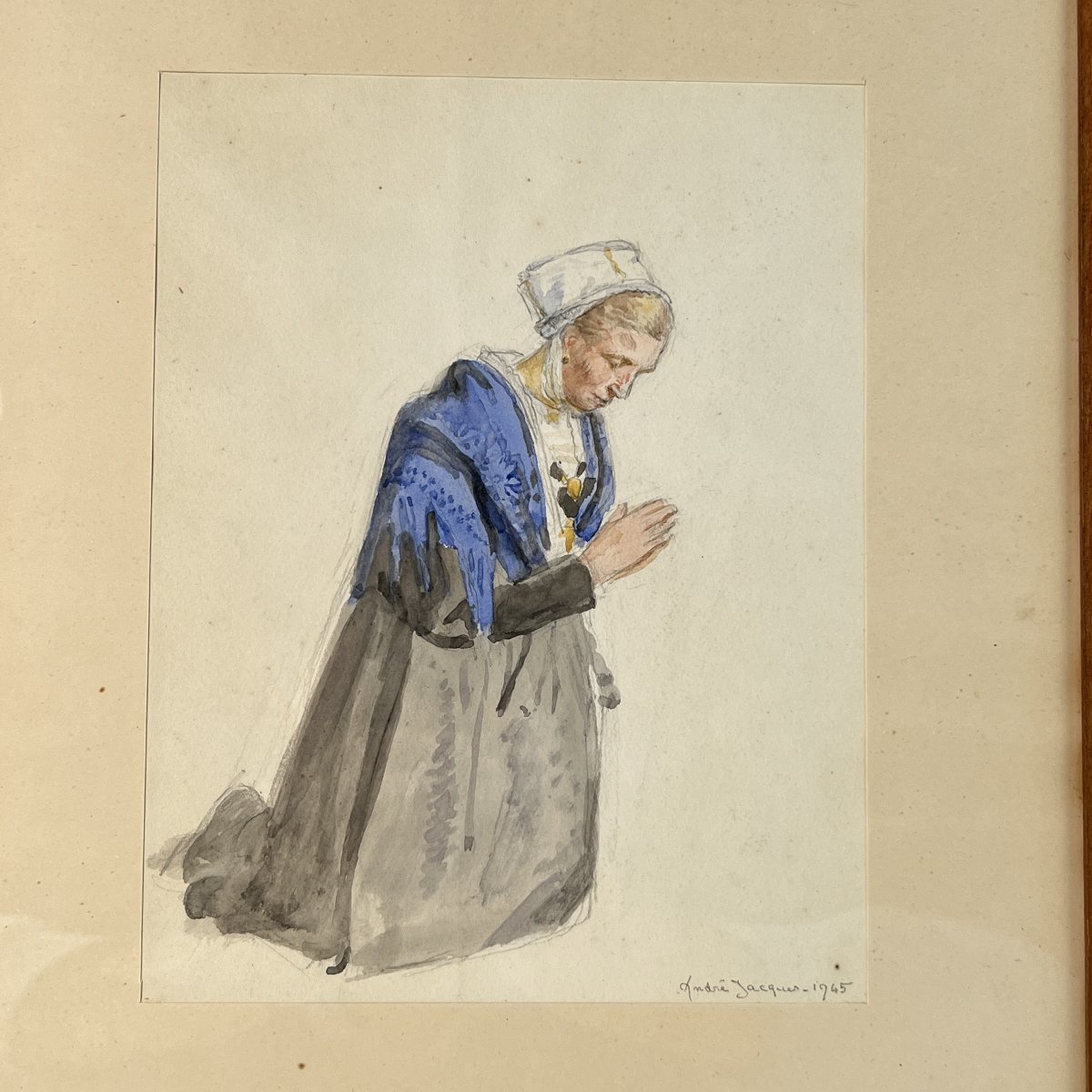 Aquarelle d'André Jacques, 1945, femme en prière en costume savoyard, encadrée sous verre-photo-2