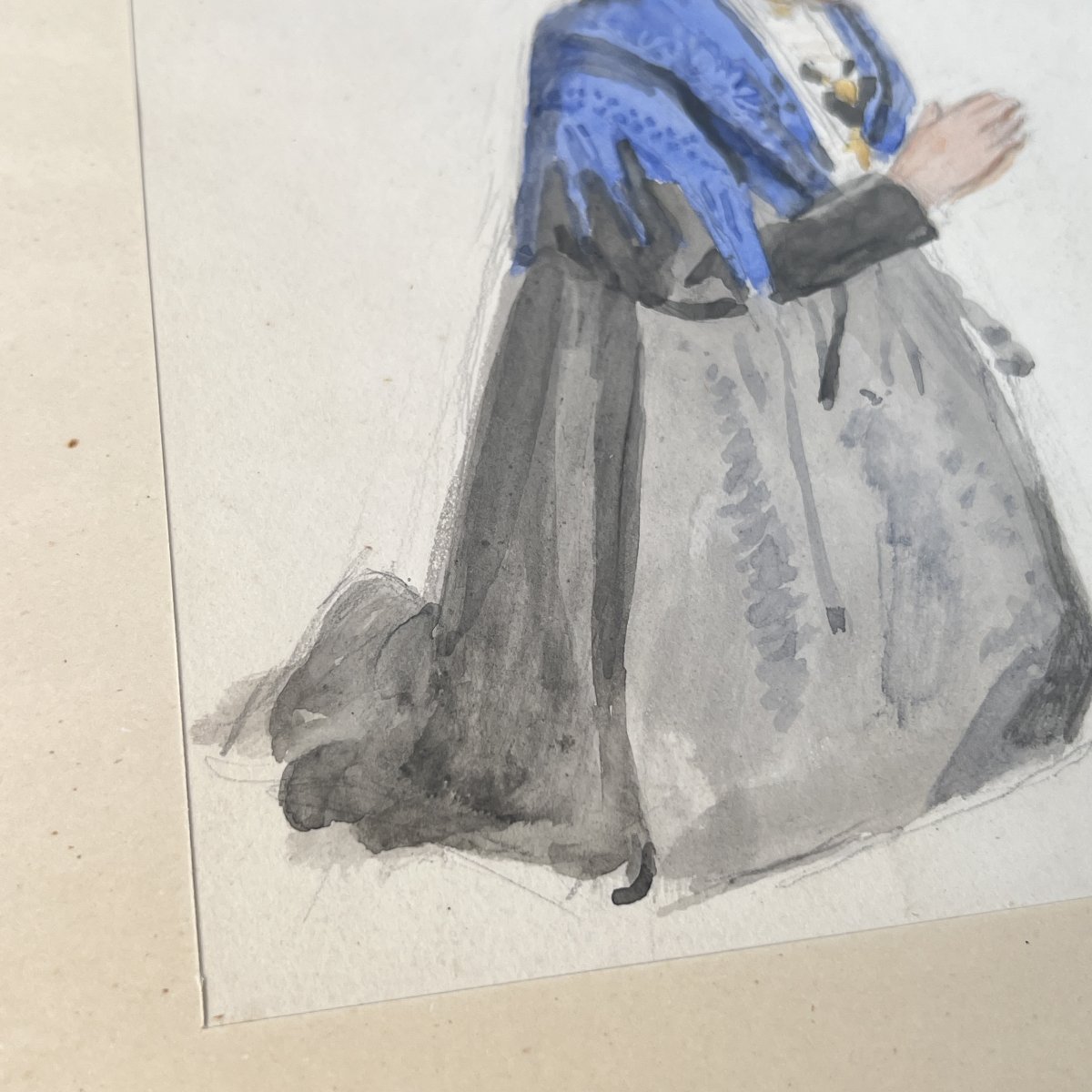 Aquarelle d'André Jacques, 1945, femme en prière en costume savoyard, encadrée sous verre-photo-3