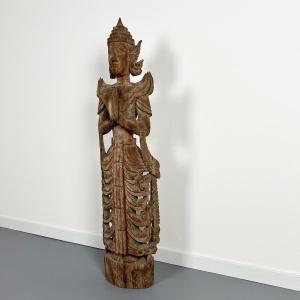 Large Carved Wooden Statuette Of A Kinaree Worshipping A Devi. Thailand, Burma, Asian Art 