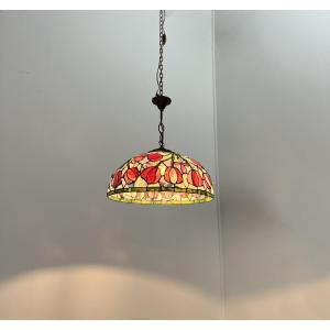 Importante Suspension type Tiffany - 45cm lustre plafonnier - Vitraux aux tulipes - Art Nouveau