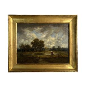 Léon Richet (1843-1907) Barbizon huile sur panneau - Paysage animé XIXe siècle