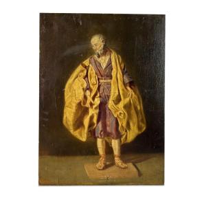 Tableau ancien, huile sur panneau d'acajou Saint Joseph drapé de jaune et violet, XIXe siècle