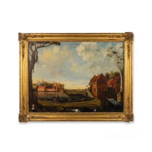 Huile sur toile grand format - paysage animé - École Hollandaise du XVIIe siècle