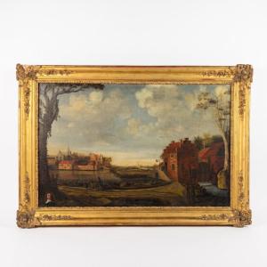 Huile sur toile grand format - paysage animé - École Hollandaise du XVIIe siècle