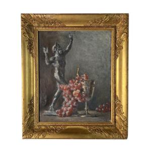 Henri DUVOISIN 1877-1959 Huile sur toile, Nature morte au faune dansant, Bacchus, cadre Empire