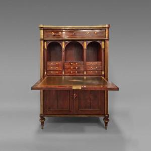 Secrétaire d'époque Louis XVI en acajou de Cuba, colonnes détachées, marbre de Carrare