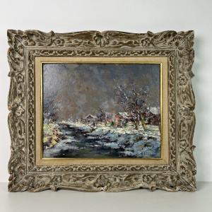 Henri Verbrugghe (1877-1974) Paysage enneigé, huile sur panneau, école belge, Bruges