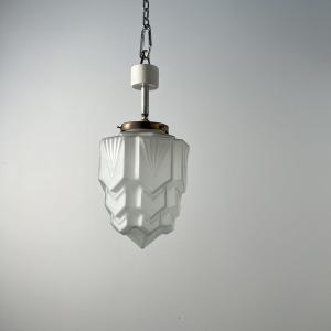 1930s French Art Deco Pendant Light, Glass Skyscraper Globe, Chandelier, Ceiling Light