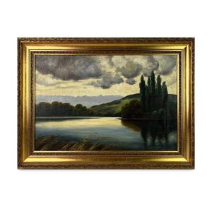 Tableau, Huile sur toile signée J. Märki, paysage de lac suisse aux peupliers, ciel d'orage