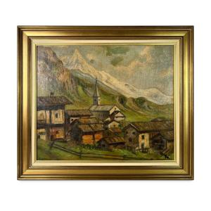 Tableau, Huile sur toile, Mahler 1945, village de montagne, Cervin, Valais, Zermatt