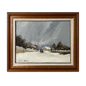 Tableau, Charles Cuzin, paysage de neige animé, huile sur isorel, école savoyarde du XXe siècle