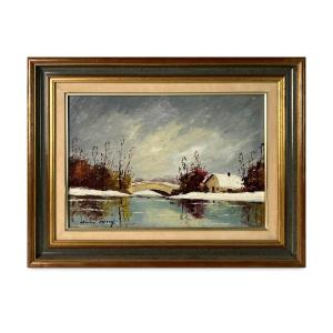 Tableau, Charles Cuzin, paysage d'hiver au pont, huile sur isorel signée, école savoyarde