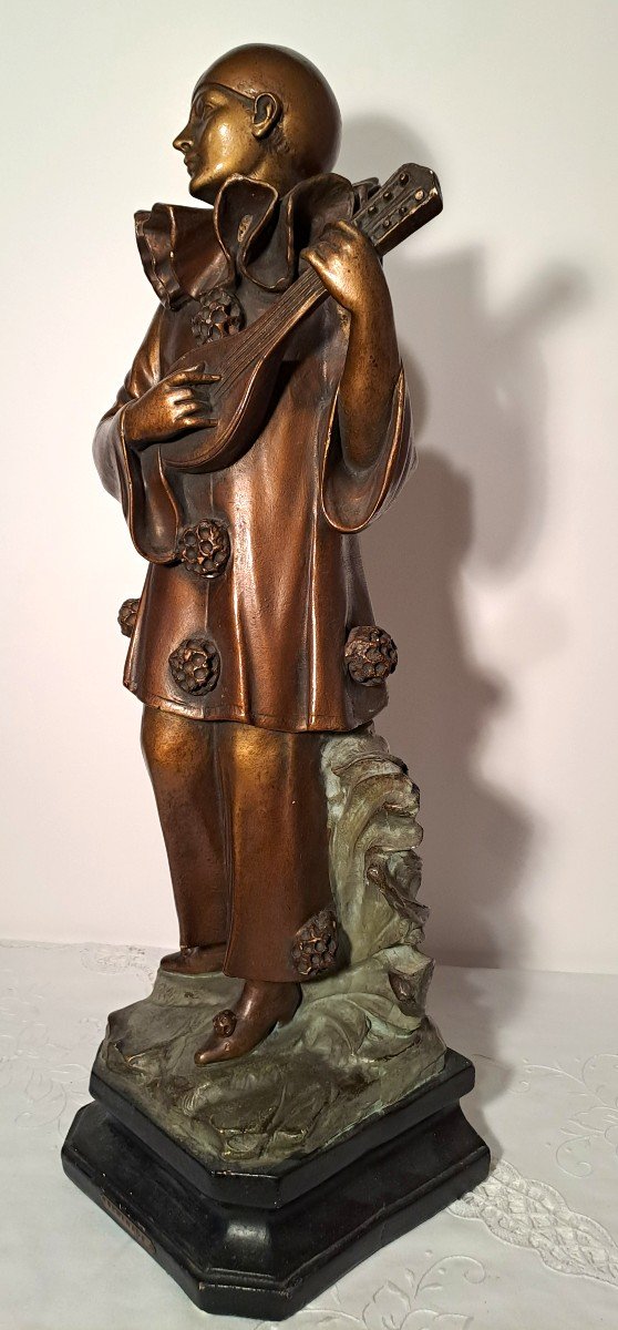 Adolfo Cipriani, Sérénade, Sculpture De Pierrot à La Mandoline-photo-1