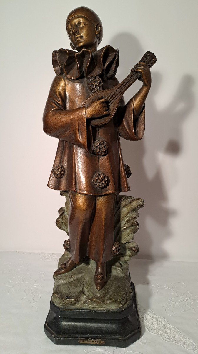 Adolfo Cipriani, Serenade, Pierrot Sculpture With Mandolin