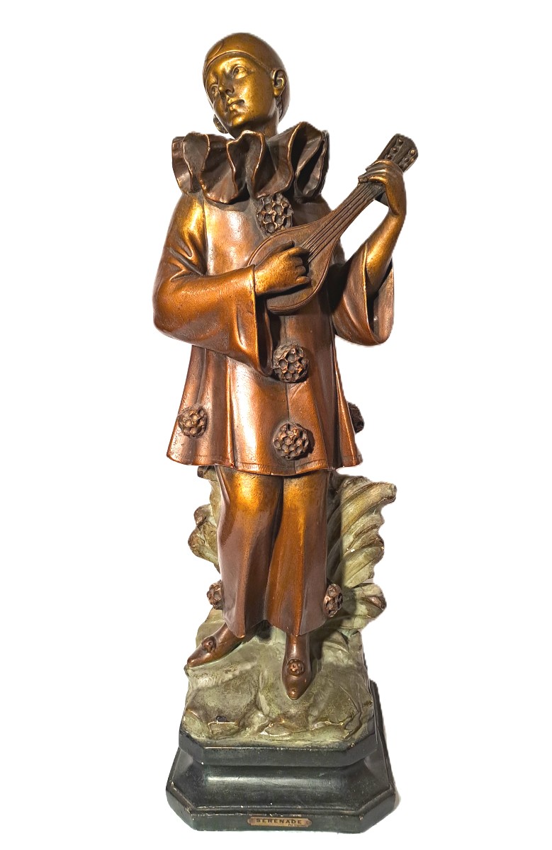 Adolfo Cipriani, Serenade, Pierrot Sculpture With Mandolin