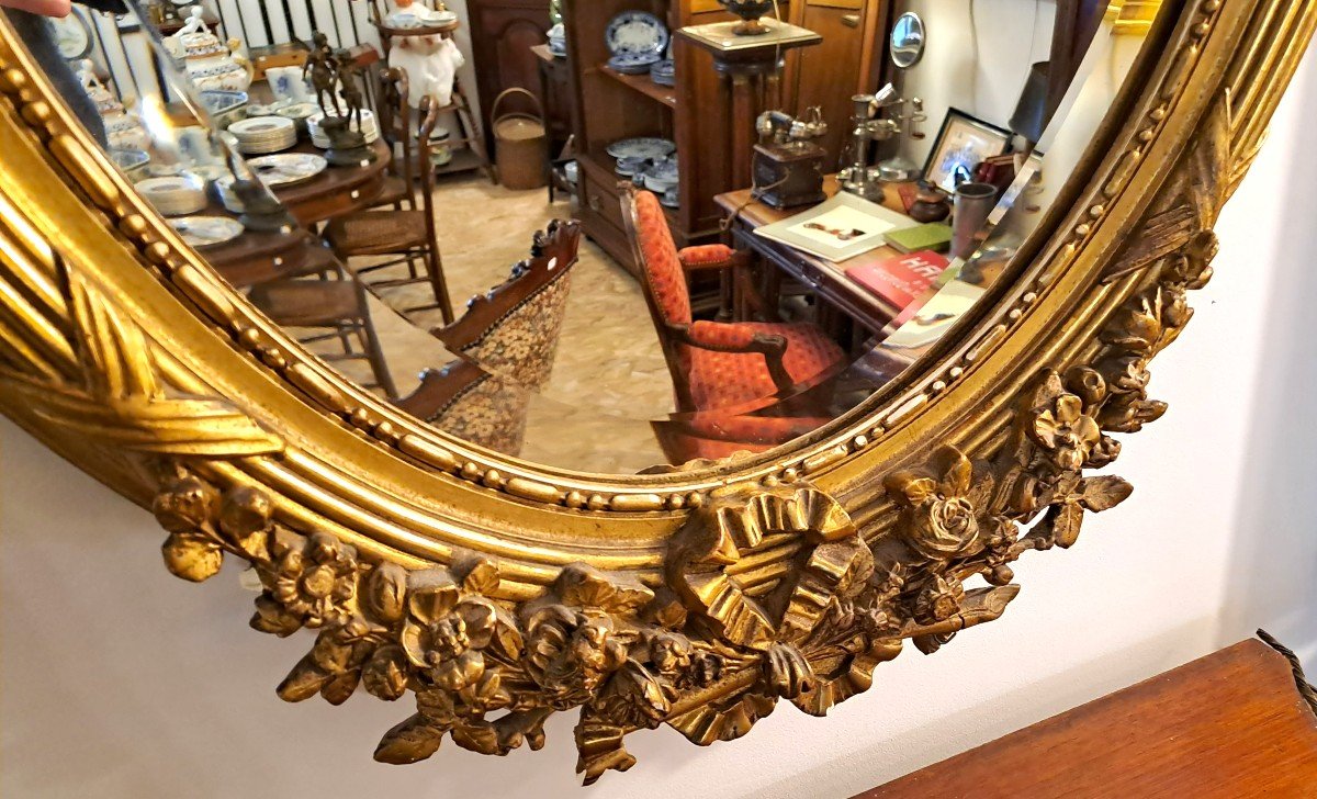 Miroir Ovale en Bois Stuqué Doré, XIXème Siècle-photo-3