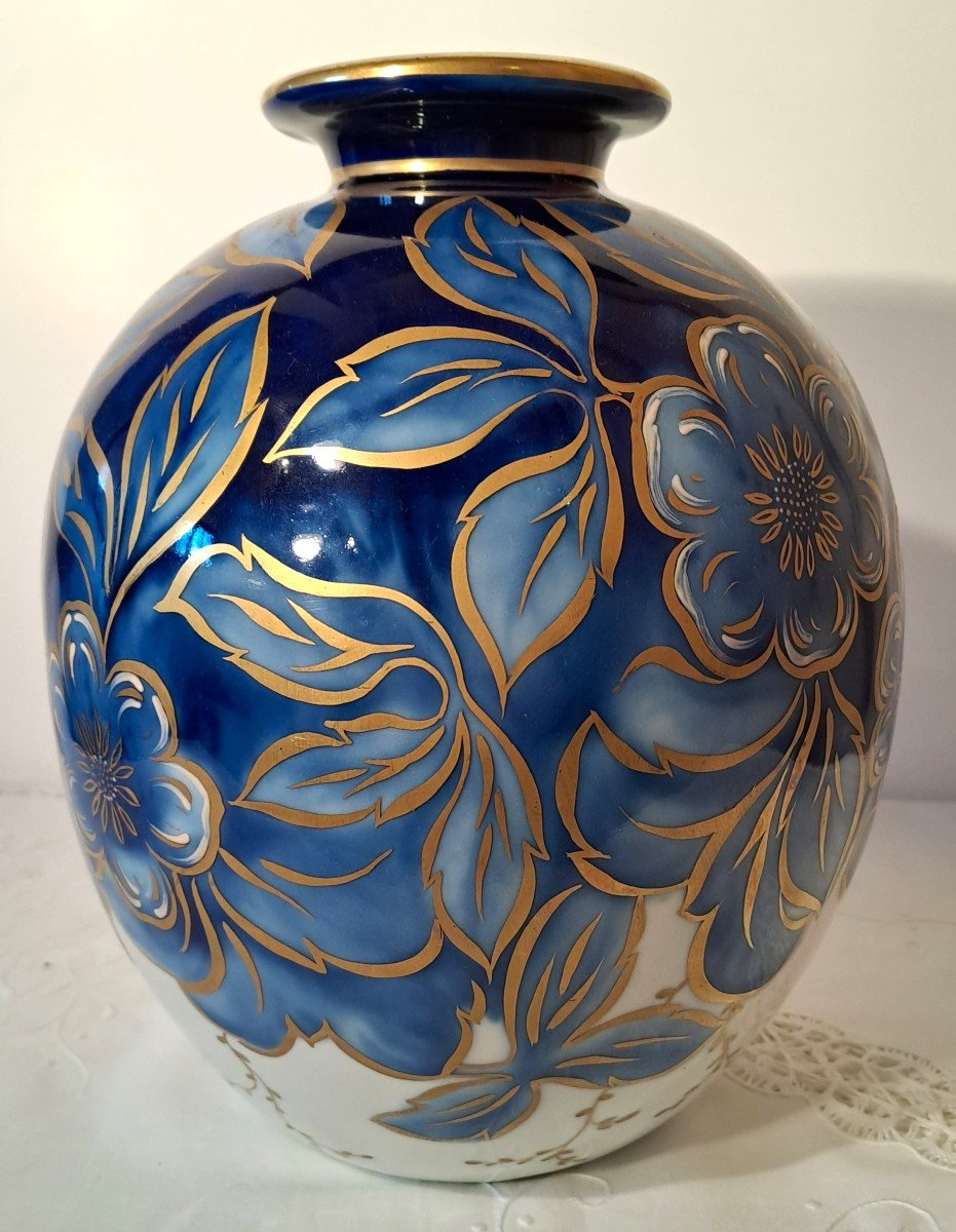 Camille Tharaud Vase, Enamelled Limoges Porcelain, Decor With Blue Flowers-photo-2