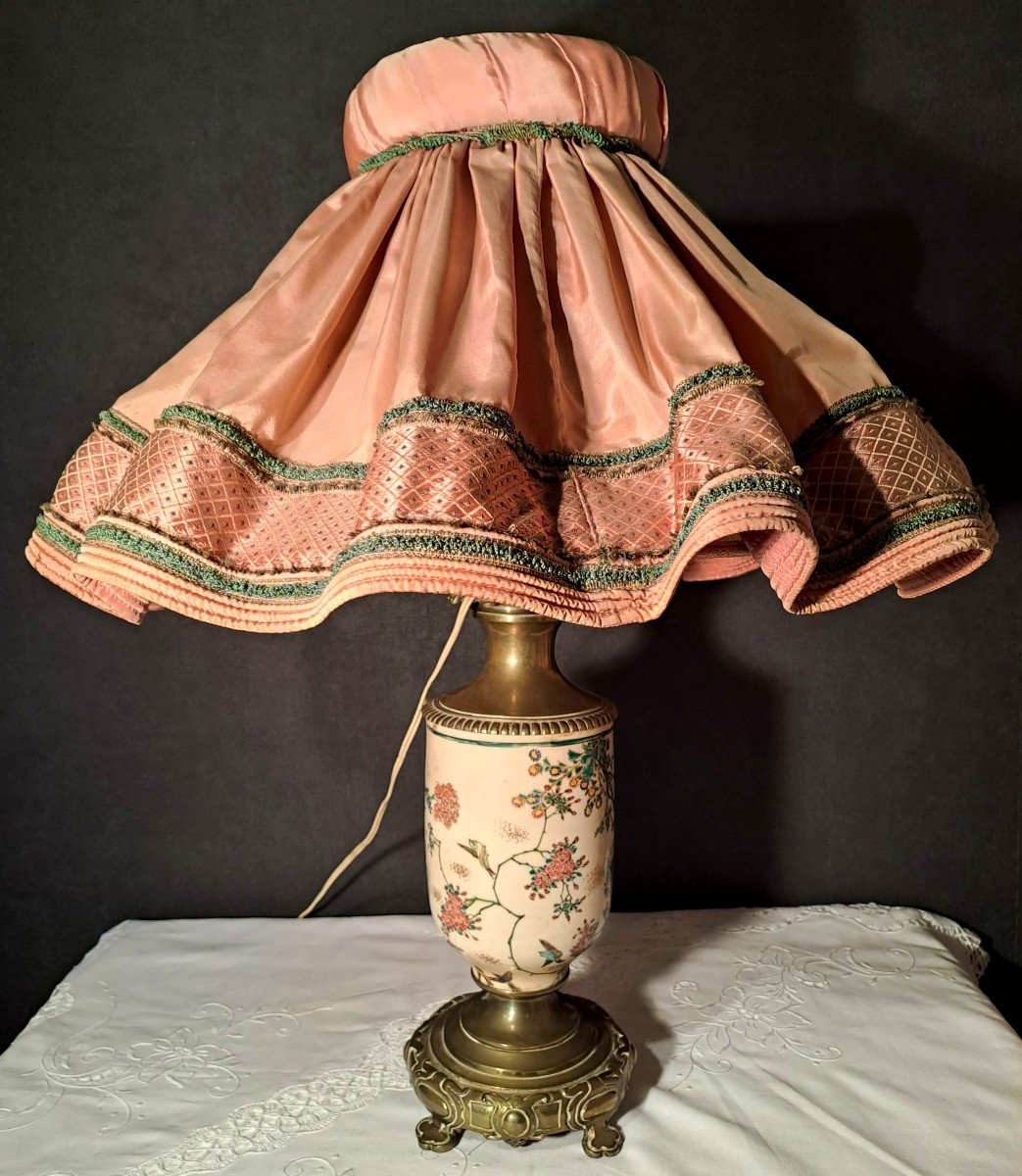 Bronze And Enamelled Porcelain Lamp With Peonies Decor, Pink Silk Lampshade-photo-3