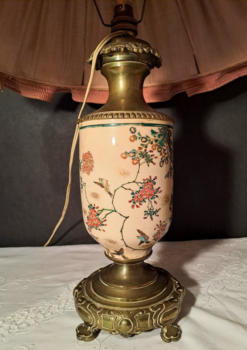 Bronze And Enamelled Porcelain Lamp With Peonies Decor, Pink Silk Lampshade-photo-4