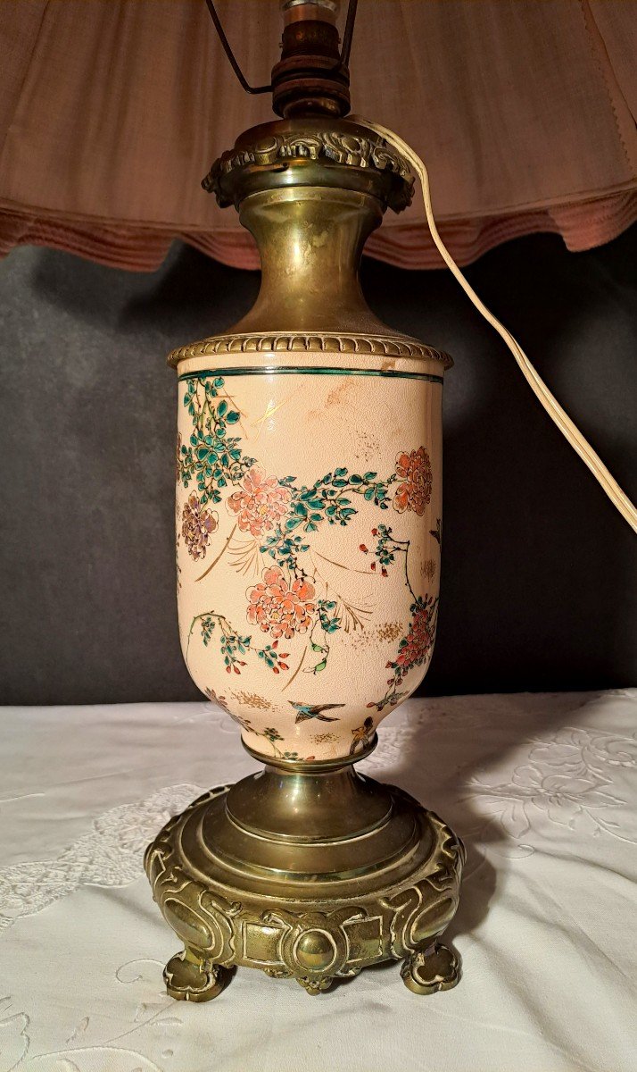 Bronze And Enamelled Porcelain Lamp With Peonies Decor, Pink Silk Lampshade-photo-1