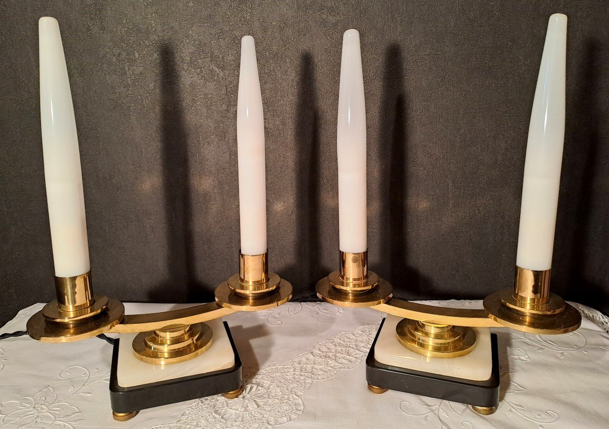 Pair Of Electrified Art Deco Candelabras In The Style Of Atelier Petitot, In Marble, Onyx, Brass, Opalescent Glass Candles-photo-2
