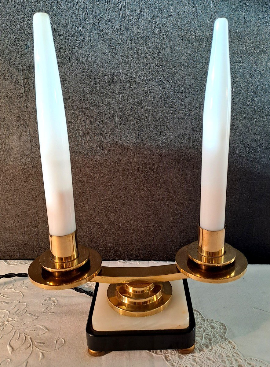 Pair Of Electrified Art Deco Candelabras In The Style Of Atelier Petitot, In Marble, Onyx, Brass, Opalescent Glass Candles-photo-3