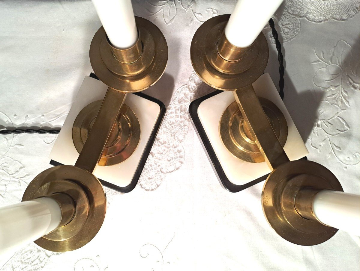Pair Of Electrified Art Deco Candelabras In The Style Of Atelier Petitot, In Marble, Onyx, Brass, Opalescent Glass Candles-photo-1