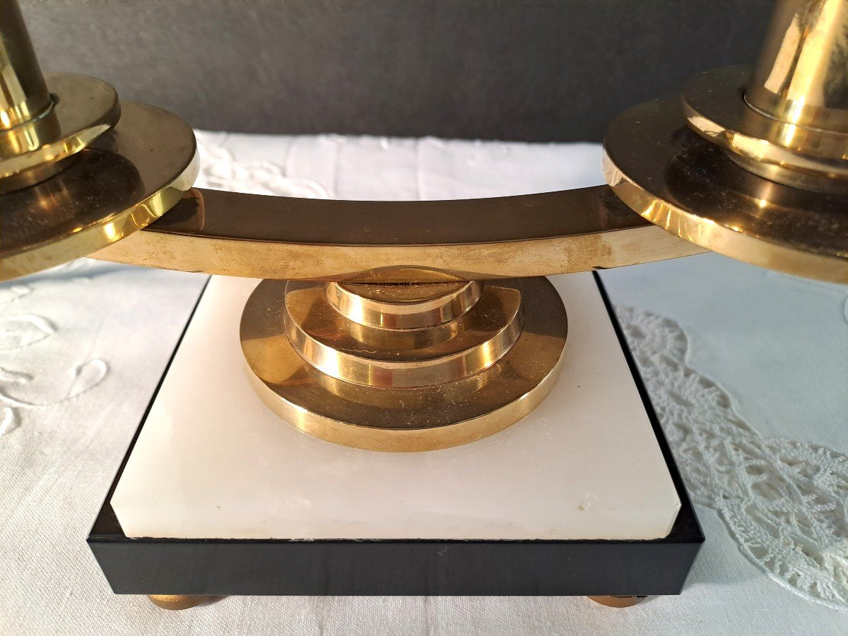 Pair Of Electrified Art Deco Candelabras In The Style Of Atelier Petitot, In Marble, Onyx, Brass, Opalescent Glass Candles-photo-2