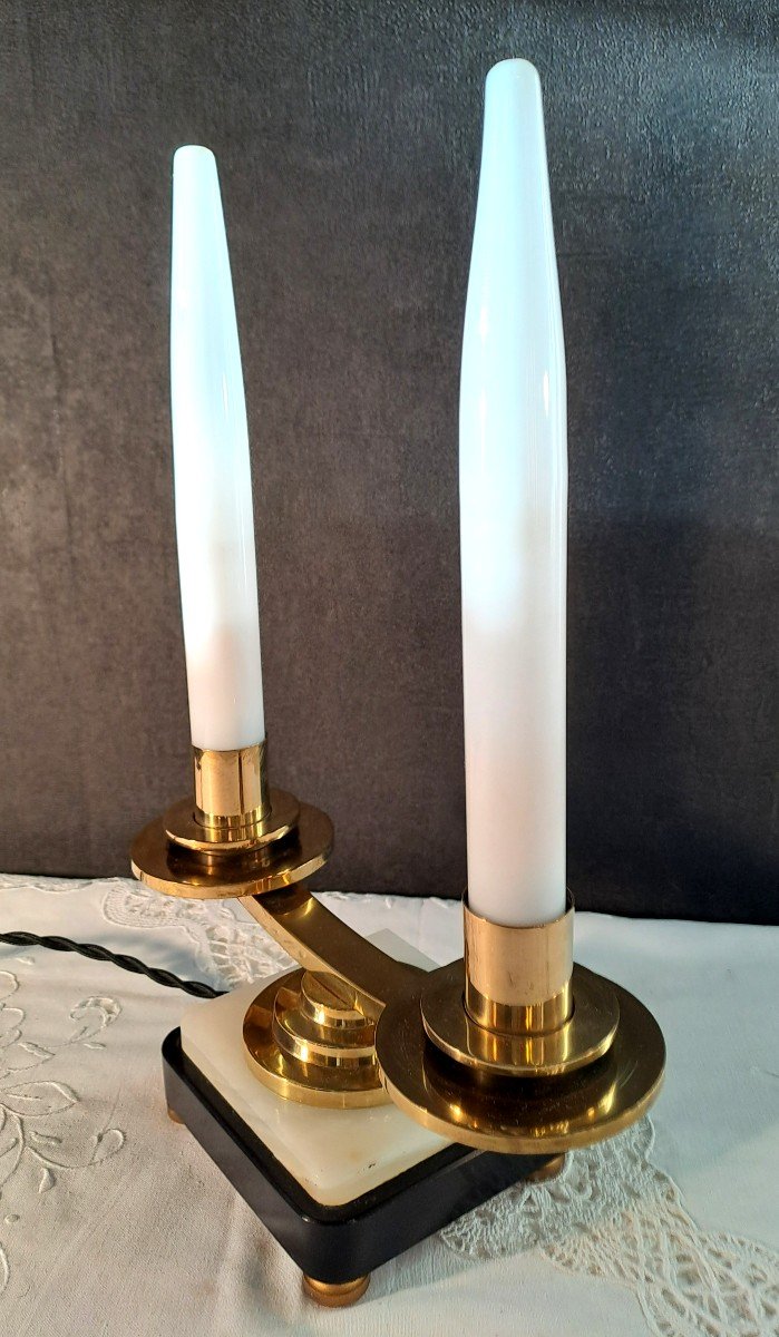 Pair Of Electrified Art Deco Candelabras In The Style Of Atelier Petitot, In Marble, Onyx, Brass, Opalescent Glass Candles-photo-4