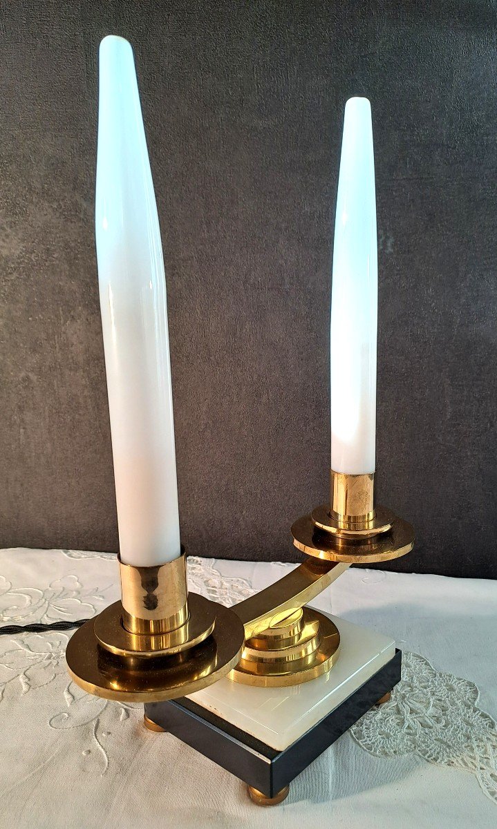 Pair Of Electrified Art Deco Candelabras In The Style Of Atelier Petitot, In Marble, Onyx, Brass, Opalescent Glass Candles-photo-5