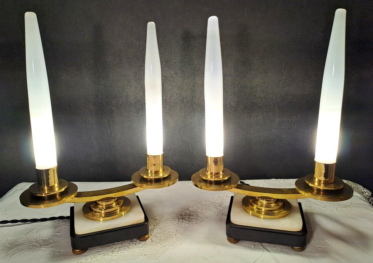 Pair Of Electrified Art Deco Candelabras In The Style Of Atelier Petitot, In Marble, Onyx, Brass, Opalescent Glass Candles