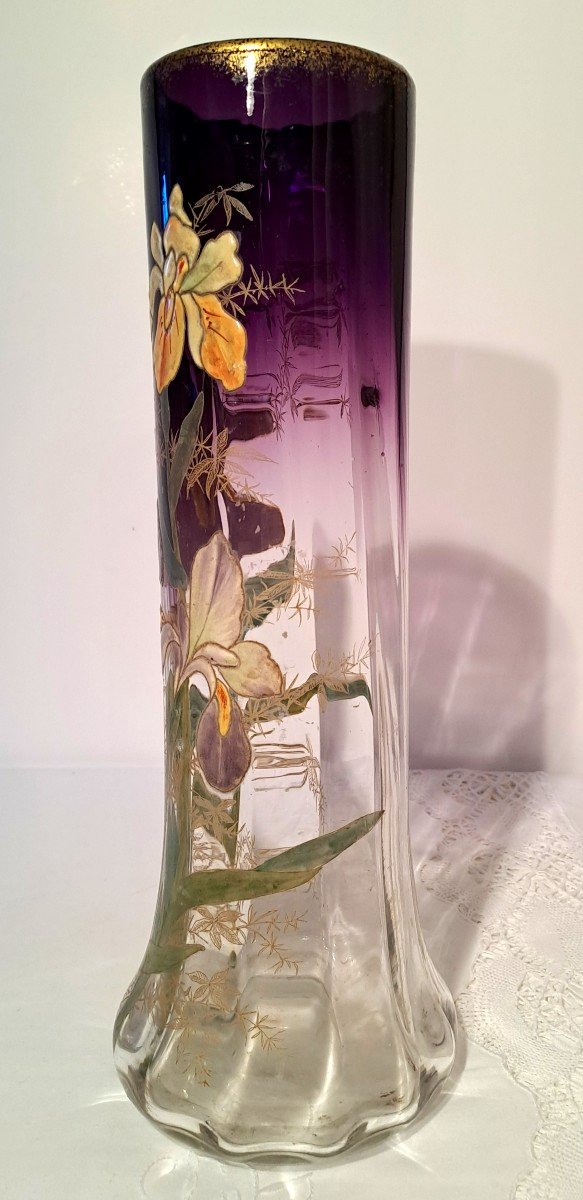 Grand Vase Legras Modèle Lamartine, Décor émaillé d'Iris sur Fond Couleur Améthyste, Vers 1900-photo-3