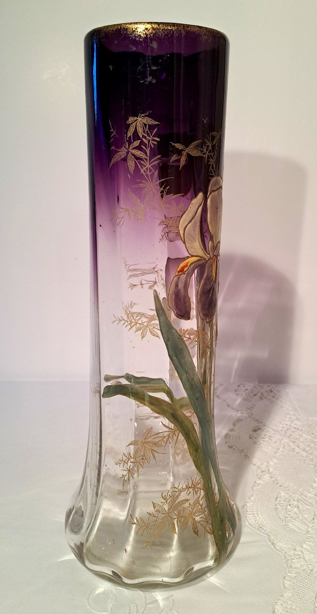 Grand Vase Legras Modèle Lamartine, Décor émaillé d'Iris sur Fond Couleur Améthyste, Vers 1900-photo-2