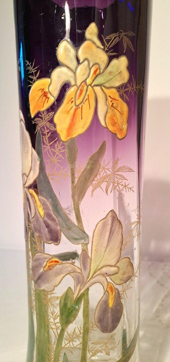 Grand Vase Legras Modèle Lamartine, Décor émaillé d'Iris sur Fond Couleur Améthyste, Vers 1900-photo-4