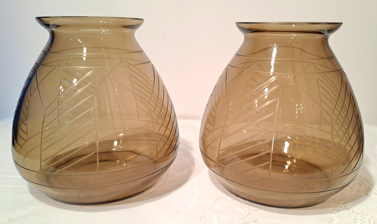 Pair Of Art Deco Cut Glass Vases, Signature Lorrain A Daum Subsidiary, Circa 1930