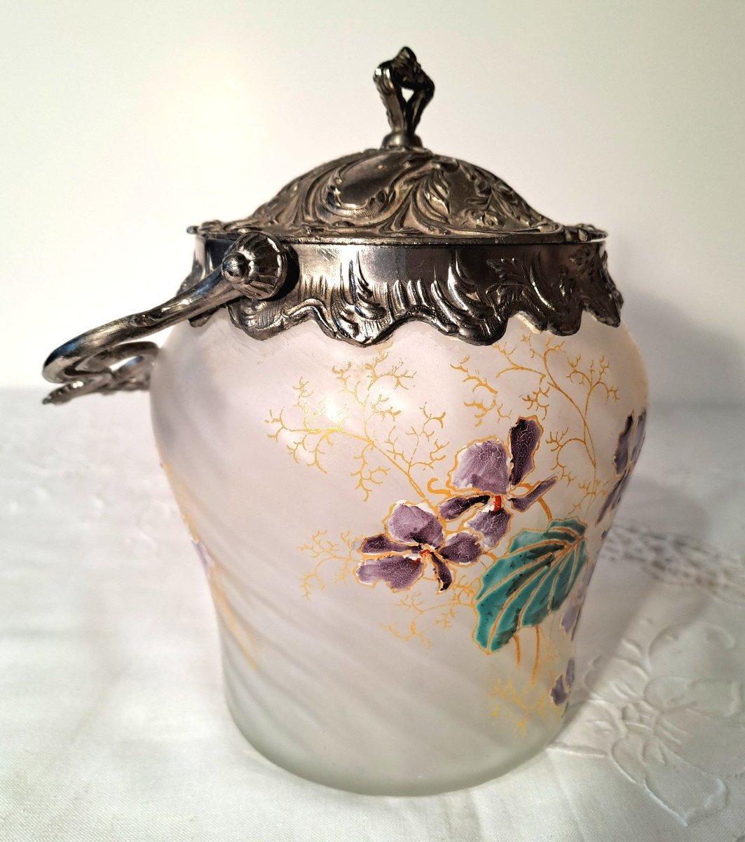 Cookie Bucket Of The Cristalleries Legras, Enamelled Decoration Of Violets, End Of XIXth Century-photo-3