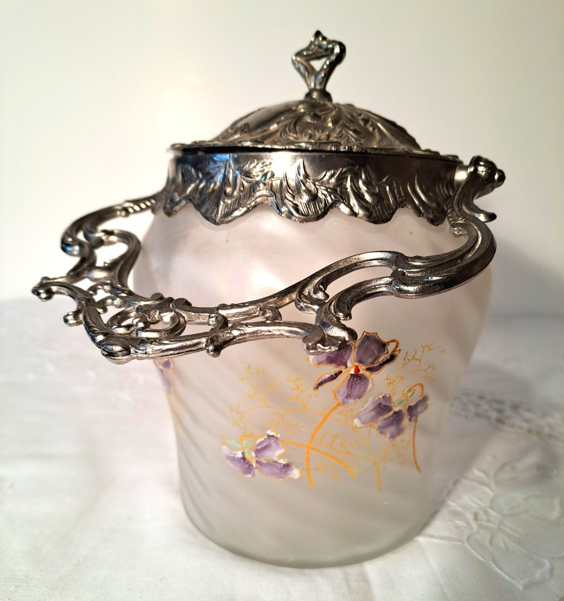 Cookie Bucket Of The Cristalleries Legras, Enamelled Decoration Of Violets, End Of XIXth Century-photo-4