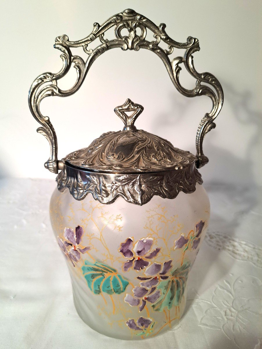 Cookie Bucket Of The Cristalleries Legras, Enamelled Decoration Of Violets, End Of XIXth Century